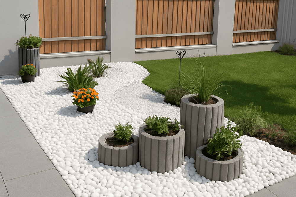 white pebbles used for modern garden landscaping
