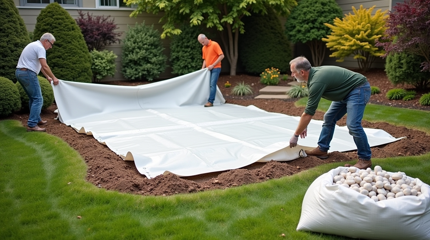 Laying a white landscape tarp before installing decorative white pebbles