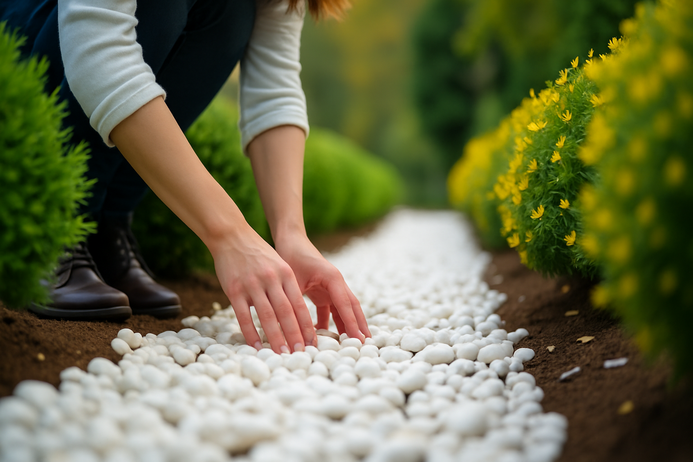 Spreading decorative white pebbles evenly over landscape fabric