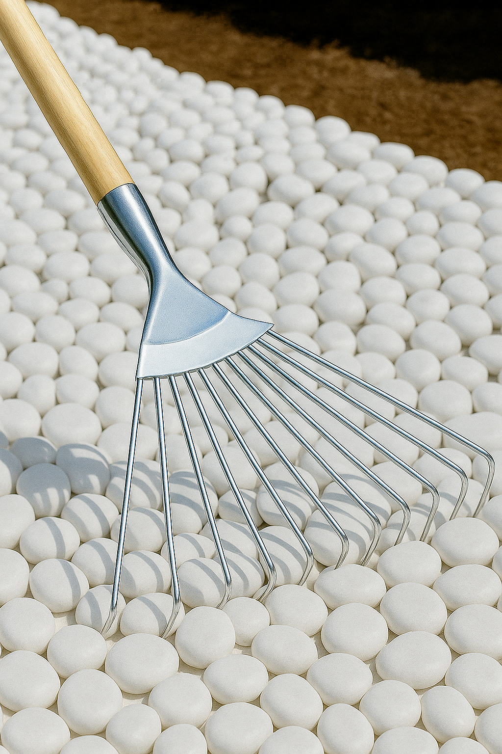 Using a garden rake to level decorative white pebbles